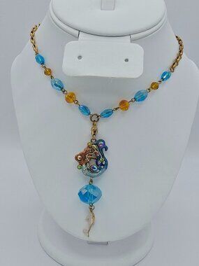 Rare Kirks Folly Mother & Child Mermaid Necklace with Dolphin Gold Crystal - EUC